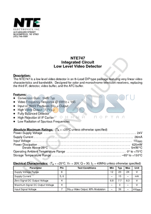 NTE747 datasheet - Integrated Circuit Low Level Video Detector