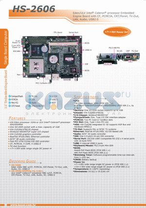 HS-2606 datasheet - Eden/ULV Intel Celeron processor Embedded Engine Board with CF, PCMCIA, CRT/Panel, TV-Out, LAN, Audio, USB2.0