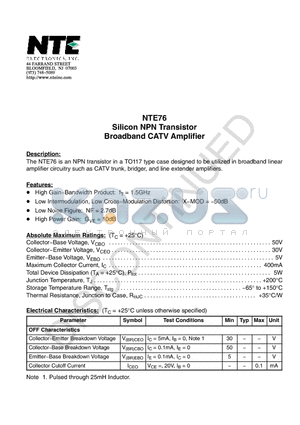 NTE76 datasheet - Silicon NPN Transistor Broadband CATV Amplifier