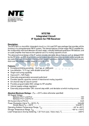 NTE788 datasheet - Integrated Circuit IF System for FM Receiver