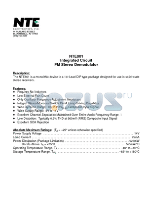 NTE801 datasheet - Integrated Circuit FM Stereo Demodulator