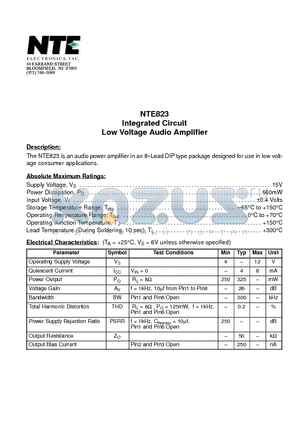 NTE823 datasheet - Integrated Circuit Low Voltage Audio Amplifier