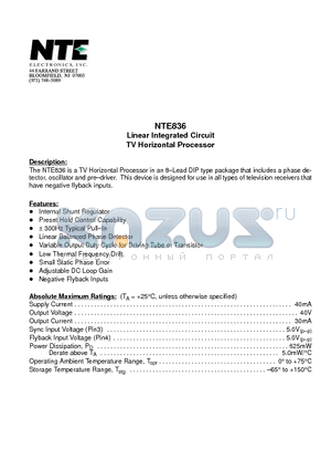 NTE836 datasheet - Linear Integrated Circuit TV Horizontal Processor