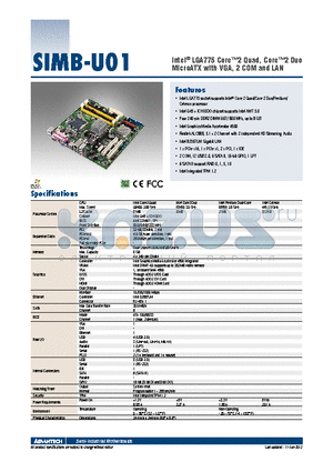 SIMB-U01 datasheet - Intel^ LGA775 Core2 Quad, Core2 Duo MicroATX with VGA, 2 COM and LAN