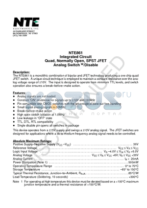 NTE861 datasheet - Integrated Circuit Quad, Normally Open, SPST JFET Analog Switch w/Disable