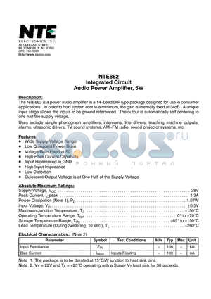 NTE862 datasheet - Integrated Circuit Audio Power Amplifier, 5W