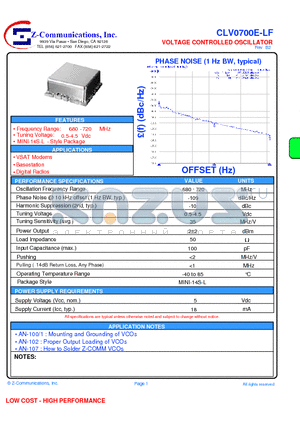 CLV0700E-LF datasheet - VOLTAGE CONTROLLED OSCILLATOR