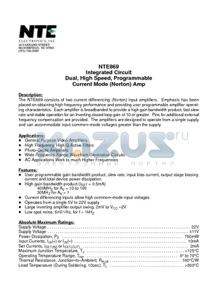 NTE869 datasheet - Integrated Circuit Dual, High Speed, Programmable Current Mode (Norton) Amp