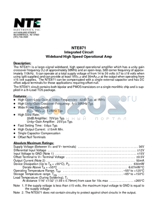 NTE871 datasheet - Integrated Circuit Wideband High Speed Operational Amp