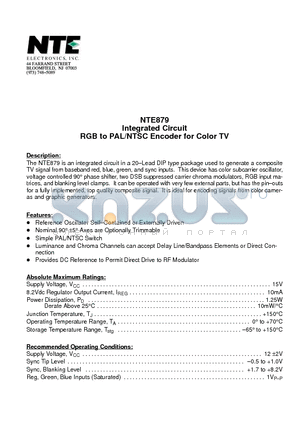 NTE879 datasheet - Integrated Circuit RGB to PAL/NTSC Encoder for Color TV