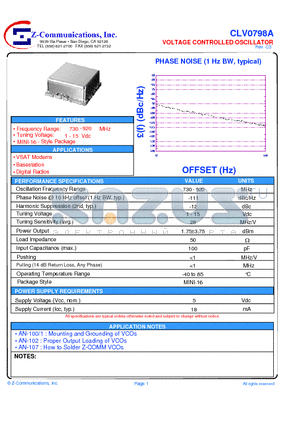 CLV0798A datasheet - LOW COST - HIGH PERFORMANCE VOLTAGE CONTROLLED OSCILLATOR