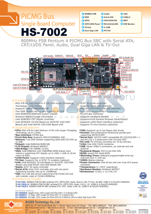 HS-7002 datasheet - PICMG BUS SINGLE BOARD COMPUTER
