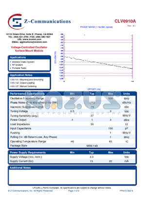 CLV0910A datasheet - Voltage-Controlled Oscillator Surface Mount Module