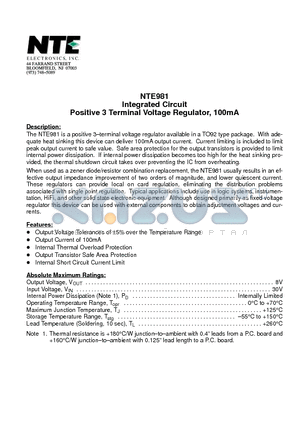 NTE981 datasheet - Integrated Circuit Positive 3 Terminal Voltage Regulator, 100mA