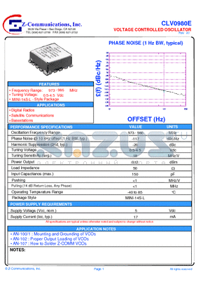 CLV0980E datasheet - LOW COST - HIGH PERFORMANCE VOLTAGE CONTROLLED OSCILLATOR