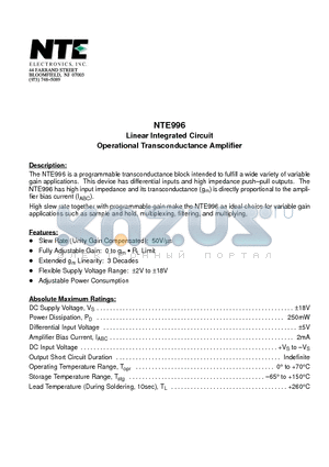 NTE996 datasheet - Linear Integrated Circuit Operational Transconductance Amplifier