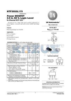 NTF3055L175T1 datasheet - Power MOSFET 2.0 A, 60 V, Logic Level