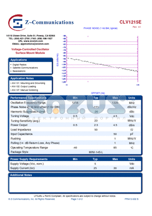 CLV1215E datasheet - Voltage-Controlled Oscillator Surface Mount Module