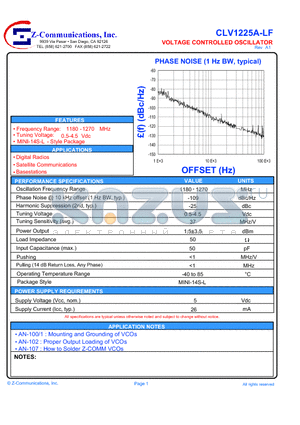 CLV1225A-LF datasheet - VOLTAGE CONTROLLED OSCILLATOR