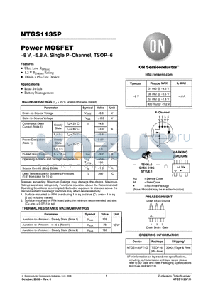 NTGS1135PT1G datasheet - Power MOSFET −8 V, −5.8 A, Single P−Channel, TSOP−6