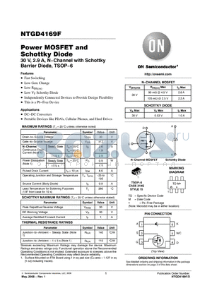NTGD4169FT1G datasheet - Power MOSFET and Schottky Diode 30 V, 2.9 A, N−Channel with Schottky Barrier Diode, TSOP−6