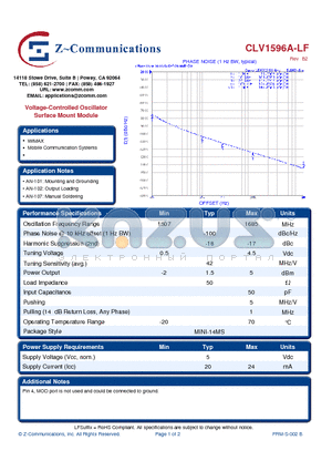CLV1596A-LF_10 datasheet - Voltage-Controlled Oscillator Surface Mount Module