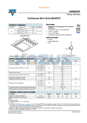 SIR802DP-T1-GE3 datasheet - N-Channel 20-V (D-S) MOSFET