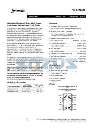 HS1-1412RH-Q datasheet - Radiation Hardened, Quad, High Speed, Low Power, Video Closed Loop Buffer