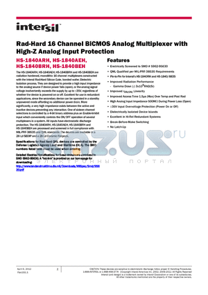 HS1-1840ARH-T datasheet - Rad-Hard 16 Channel BiCMOS Analog Multiplexer with High-Z Analog Input Protection