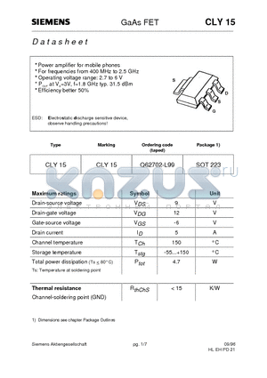 CLY15 datasheet - GaAs FET (Power amplifier for mobile phones For frequencies from 400 MHz to 2.5 GHz)