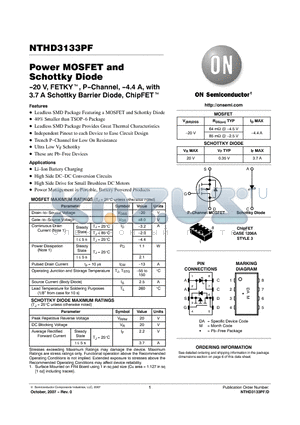 NTHD3133PFT3G datasheet - Power MOSFET and Schottky Diode -20 V, FETKY, P-Channel, -4.4 A, with 3.7 A Schottky Barrier Diode, ChipFET
