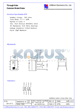 CM-017L datasheet - Through Hole Common Mode Choke