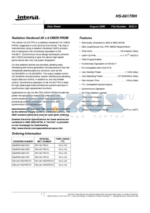 HS1-6617RH/PROTO datasheet - Radiation Hardened 2K x 8 CMOS PROM