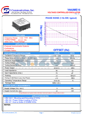 V602ME15 datasheet - LOW COST - HIGH PERFORMANCE VOLTAGE CONTROLLED OSCILLATOR