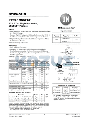 NTHS4501N datasheet - Power MOSFET 30 V, 6.7 A, Single N−Channel, ChipFET Package