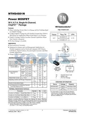 NTHS4501NT1G datasheet - Power MOSFET 30 V, 6.7 A, Single N−Channel, ChipFET Package