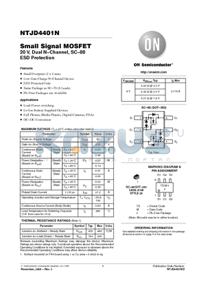 NTJD4401N datasheet - Small Signal MOSFET 20 V, Dual N-Channel, SC-88 ESD Protection
