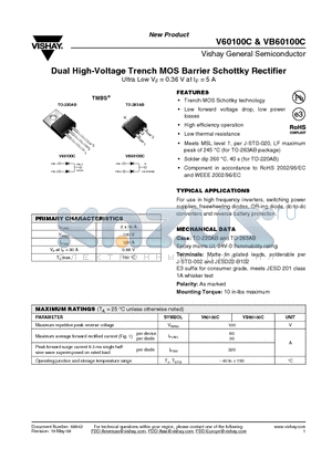 V60100C-E3/4W datasheet - Dual High-Voltage Trench MOS Barrier Schottky Rectifier Ultra Low VF = 0.36 V at IF = 5 A