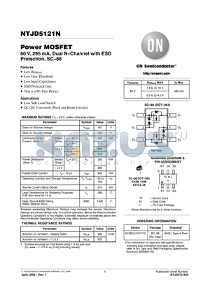 NTJD5121NT1G datasheet - Power MOSFET 60 V, 295 mA, Dual N-Channel with ESD Protection, SC-88