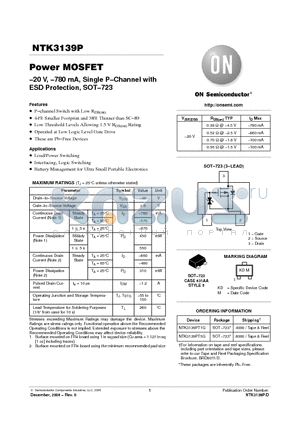 NTK3139PT5G datasheet - Power MOSFET −20 V, −780 mA, Single P−Channel with ESD Protection, SOT−723