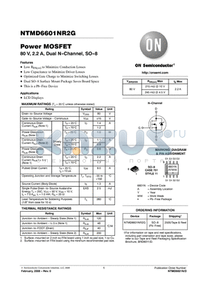 NTMD6601NR2G datasheet - Power MOSFET 80 V, 2.2 A, Dual N-Channel, SO-8