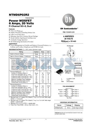 NTMD6P02R2 datasheet - Power MOSFET 6 Amps, 20 Volts P-Channel SO-8, Dual