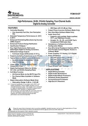 V62/07643-01XE datasheet - High-Performance, 24-Bit, 216-kHz Sampling, Four-Channel Audio Digital-to-Analog Converter