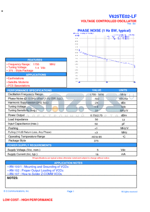 V625TE02-LF datasheet - VOLTAGE CONTROLLED OSCILLATOR