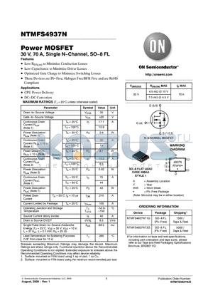 NTMFS4937NT1G datasheet - Power MOSFET 30 V, 70 A, Single N−Channel, SO−8 FL