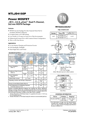 NTLJD4150PTBG datasheet - Power MOSFET -30 V, -3.4 A, uCool TM Dual P-Channel,2x2 mm WDFN Package