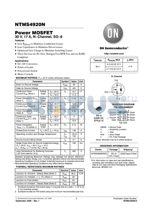 NTMS4920N datasheet - Power MOSFET 30 V, 17 A, N−Channel, SO−8