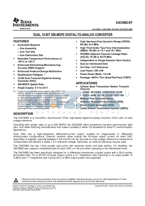 V62/06651-01XE datasheet - DUAL 12-BIT 200-MSPS DIGITAL-TO-ANALOG CONVERTER