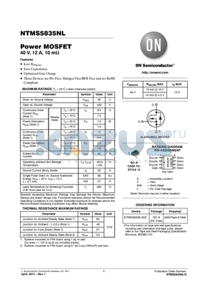 NTMS5835NL datasheet - Power MOSFET 40 V, 12 A, 10 m These Devices are PbFree, Halogen Free/