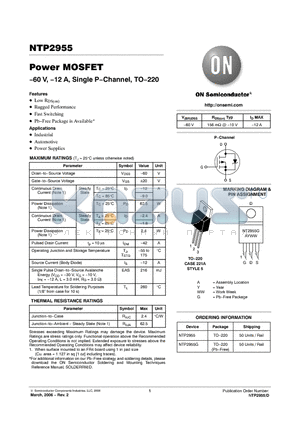 NTP2955G datasheet - Power MOSFET −60 V, −12 A, Single P−Channel, TO−220